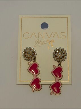 Canvas Style Pink Sunglasses Heart Shaped Drop Earrings
